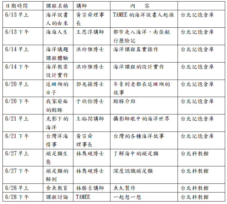 台北場海洋說書人課程表