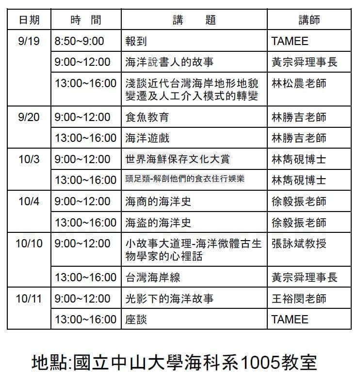 高雄場海洋說書人課程表