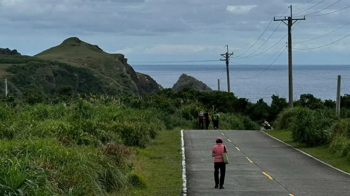 一位夥伴獨自走在通往海邊的下坡公路上,兩側是草坡