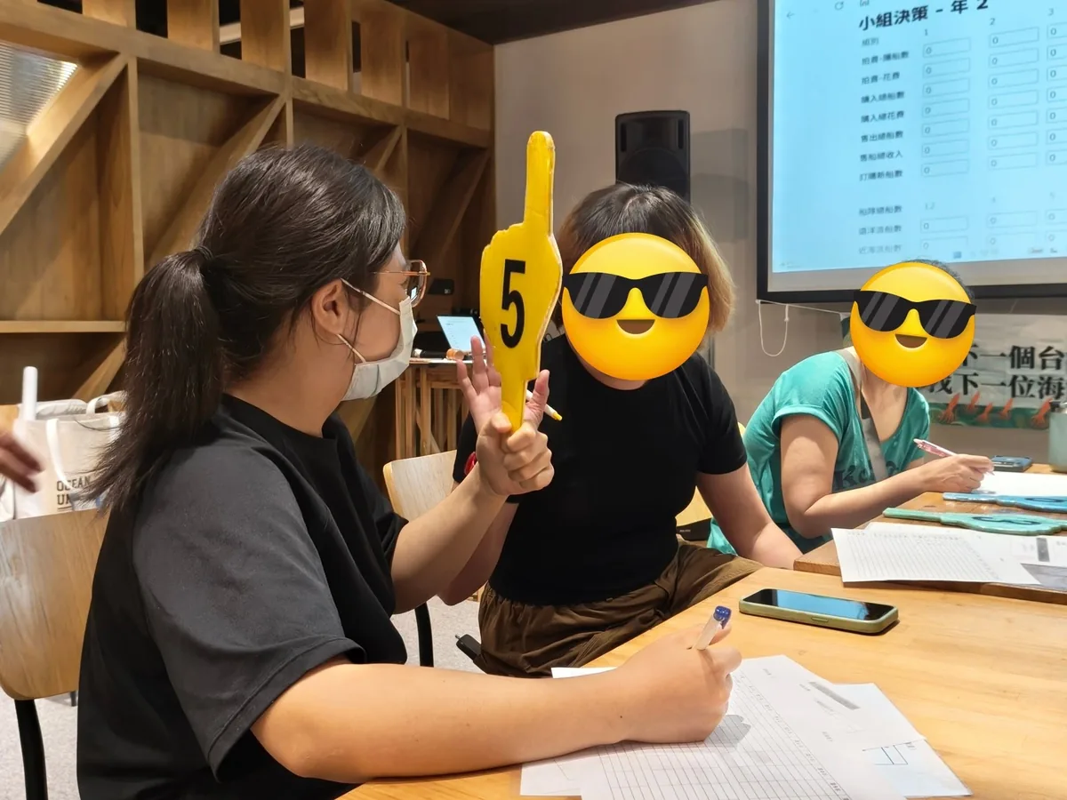 學員舉起黃色號碼牌參與小組決策,投影幕顯示各組的年度報表